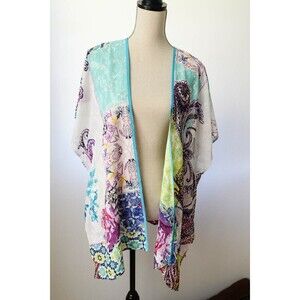 Chico's S/M blue floral multi color lightweight kaftan kimono coastal grandma